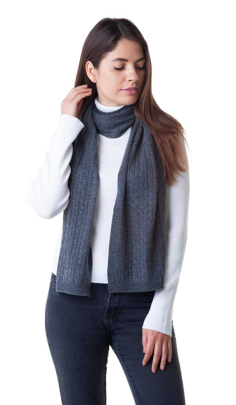 Cashmere Merino Scarf - Cable Knit - Soft Warm Stylish Winter Scarves for Women & Men - Charcoal