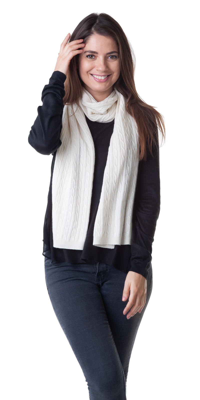 Cashmere Merino Scarf - Cable Knit - Soft Warm Stylish Winter Scarves for Women & Men - Ivory