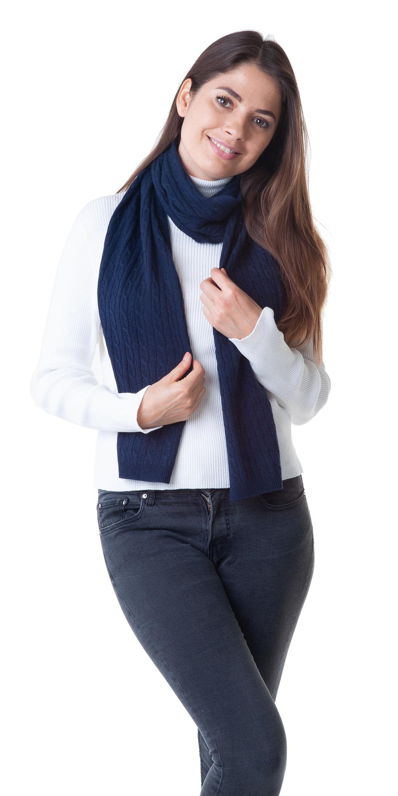 Cashmere Merino Scarf - Cable Knit - Soft Warm Stylish Winter Scarves for Women & Men - Navy Blue