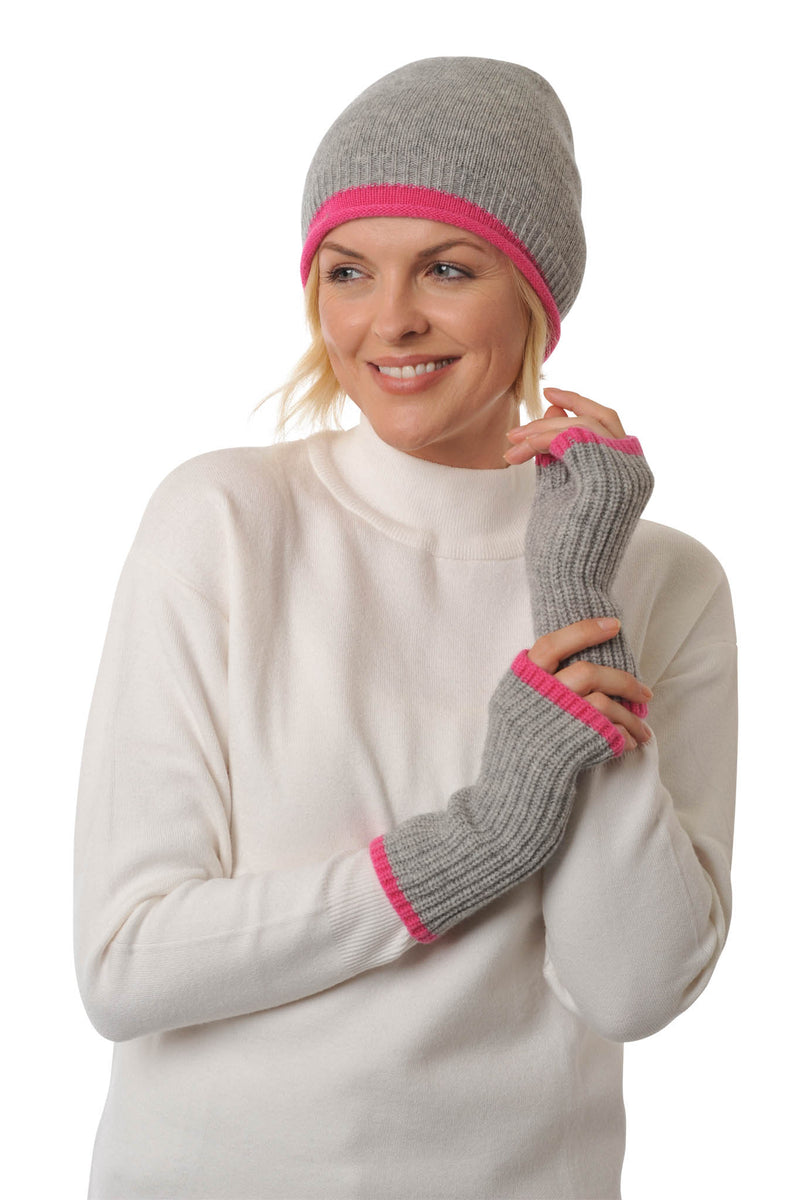 Cashmere - Merino Fingerless Glove - Wrist-warmers with Coloured Trim - Flannel Grey & Fuchsia Pink