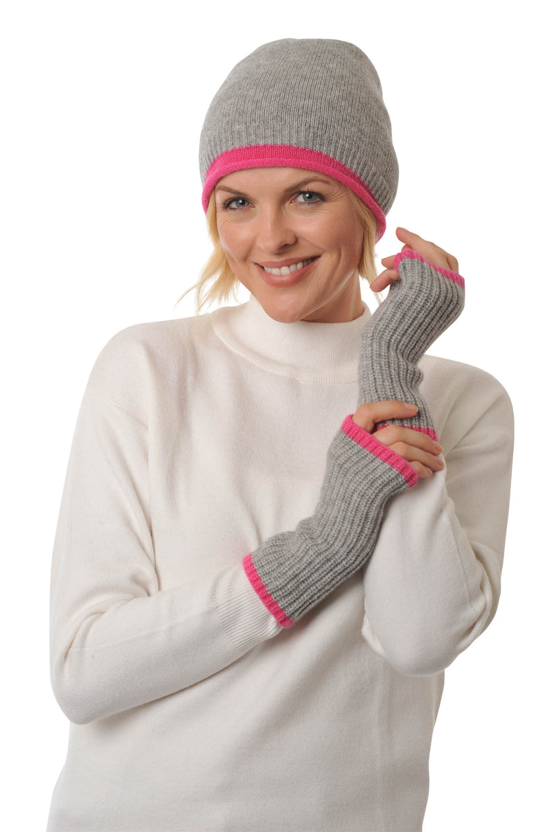 Cashmere Merino Beanie  hat - Jersey Knit - Coloured Trim - Flannel Grey & Fuschia Pink