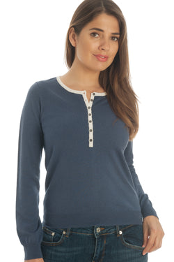 Button down crewneck sweater in silk & cotton - Blue with white trim