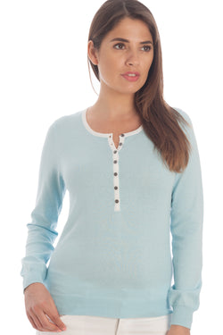 Button down crewneck sweater in silk & cotton - Mint and white trim