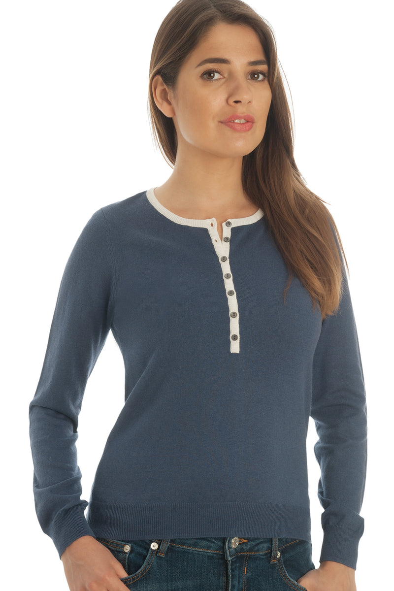 Button down crewneck sweater in silk & cotton - Blue with white trim