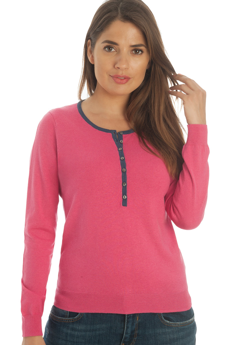 Button down crewneck sweater in silk & cotton - fuschia and blue trim