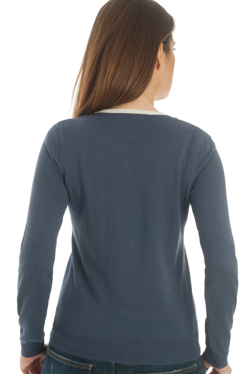 Button down crewneck sweater in silk & cotton - Blue with white trim