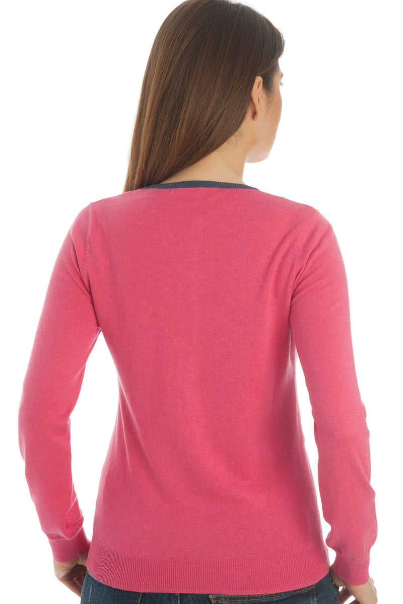 Button down crewneck sweater in silk & cotton - fuschia and blue trim