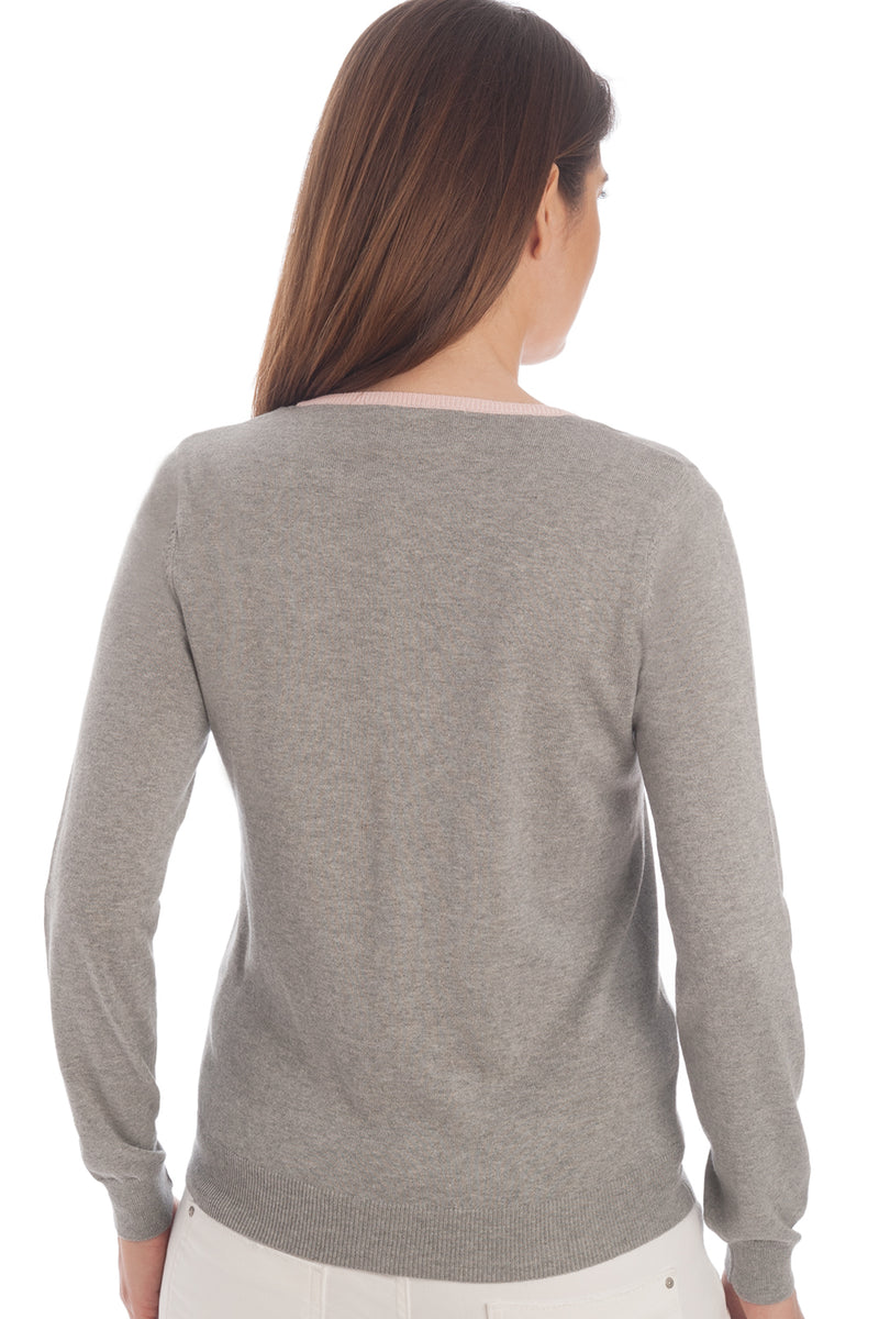 Button down crewneck sweater in silk & cotton - Grey and pale pink trim