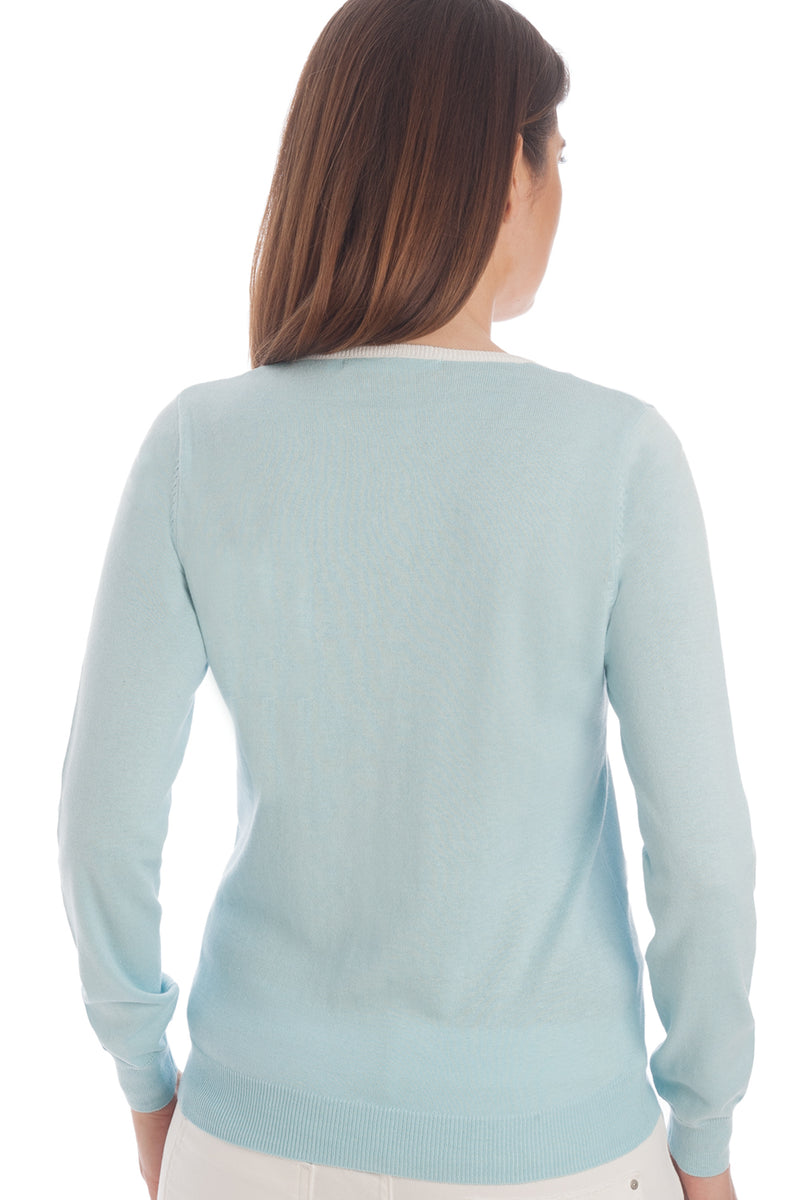 Button down crewneck sweater in silk & cotton - Mint and white trim