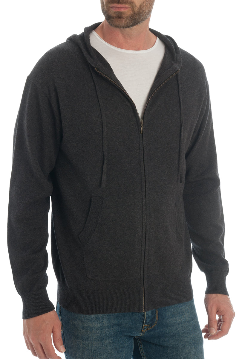 Cashmere Cotton Hooded Cardigan in Charcoal