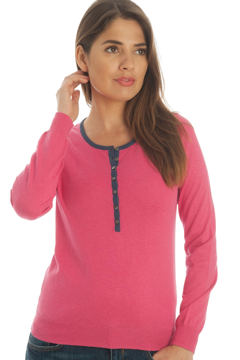 Button down crewneck sweater in silk & cotton - fuschia and blue trim