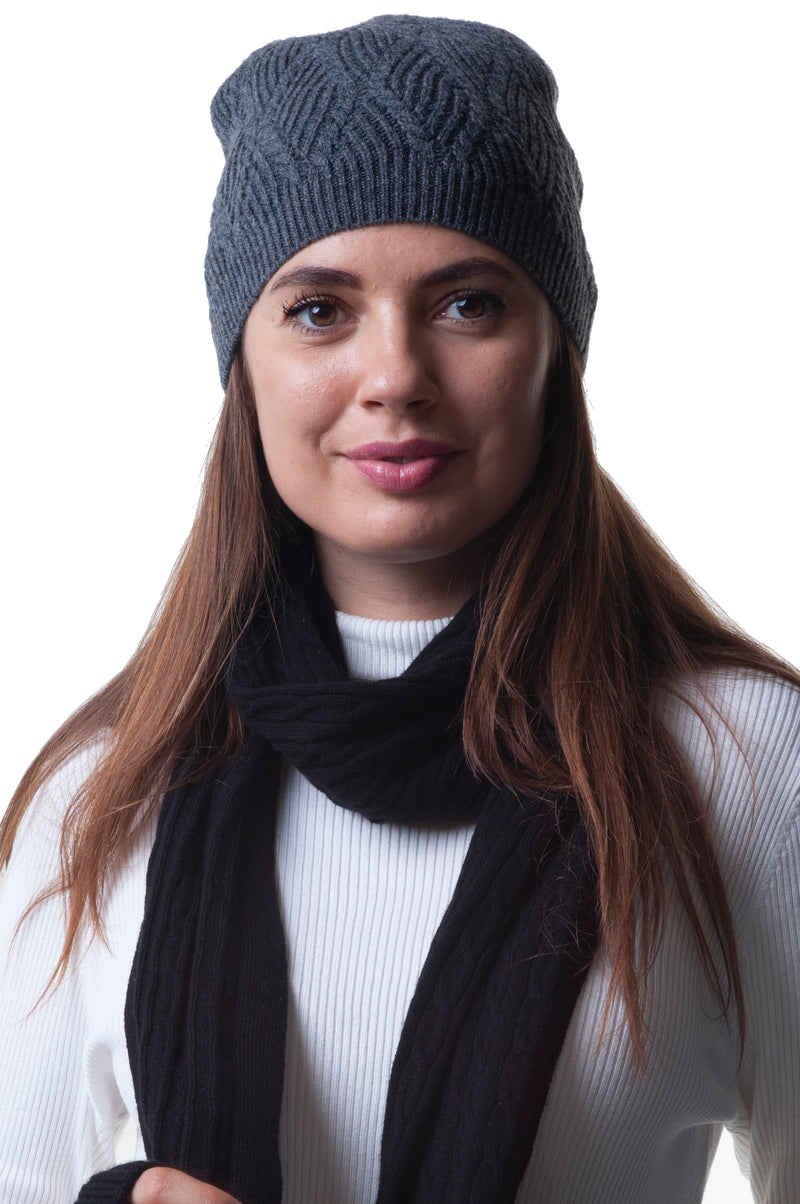 Cashmere Merino Cable Knit Beanie - Charcoal