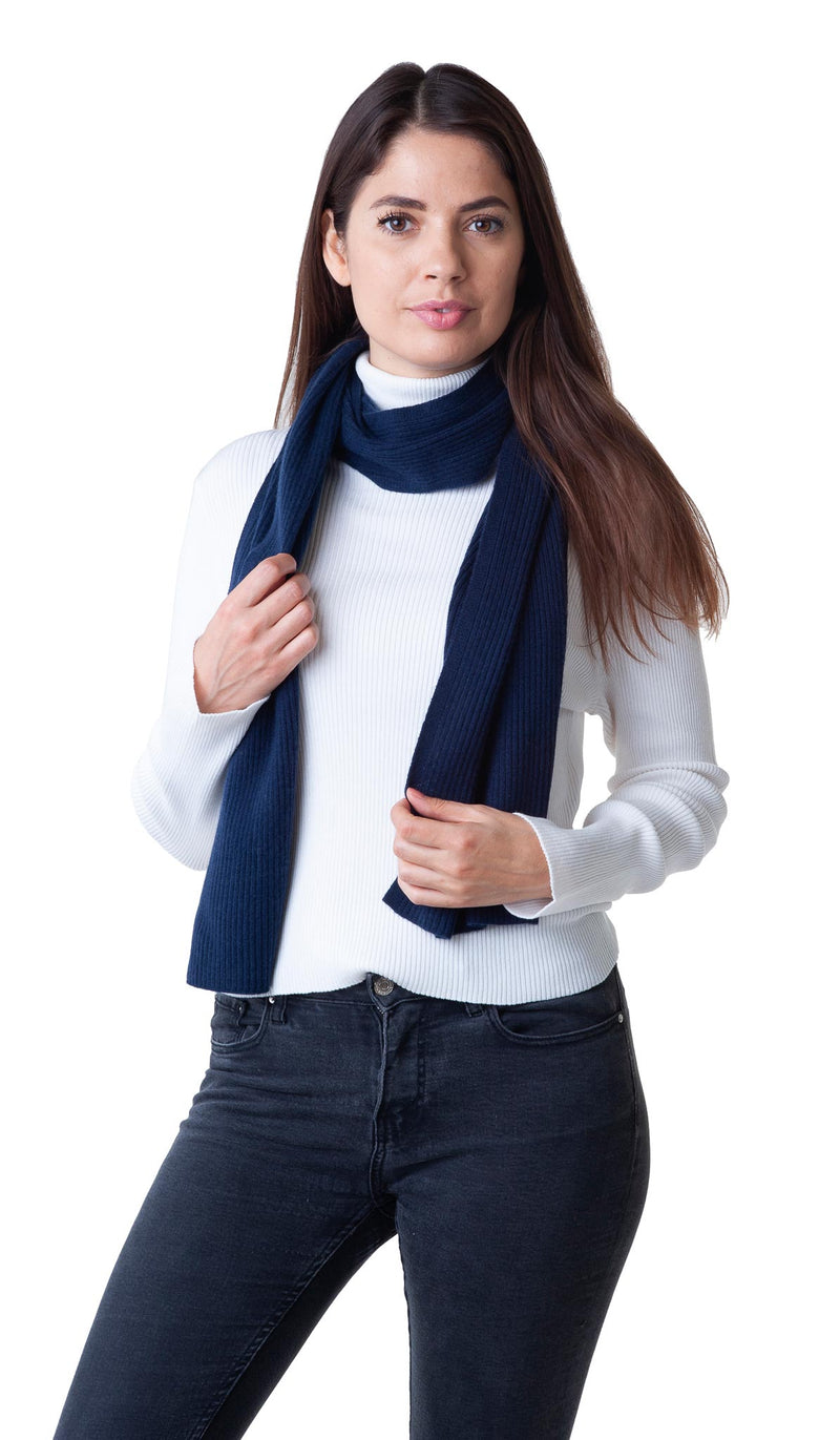 Cashmere Merino Scarf - Rib Knit - Soft Warm, Stylish Winter Scarf for Women & Men - Navy Blue