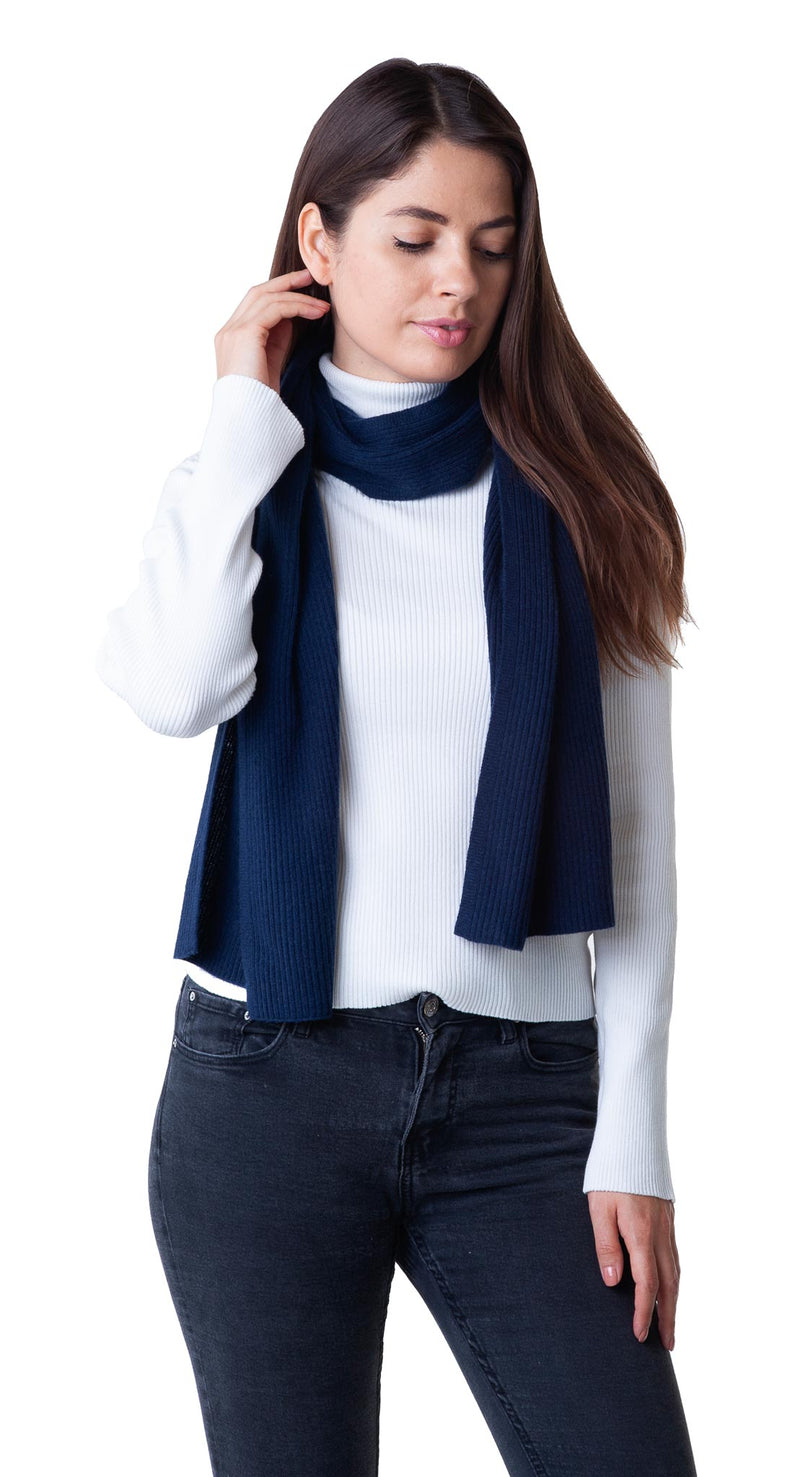 Cashmere Merino Scarf - Rib Knit - Soft Warm, Stylish Winter Scarf for Women & Men - Navy Blue