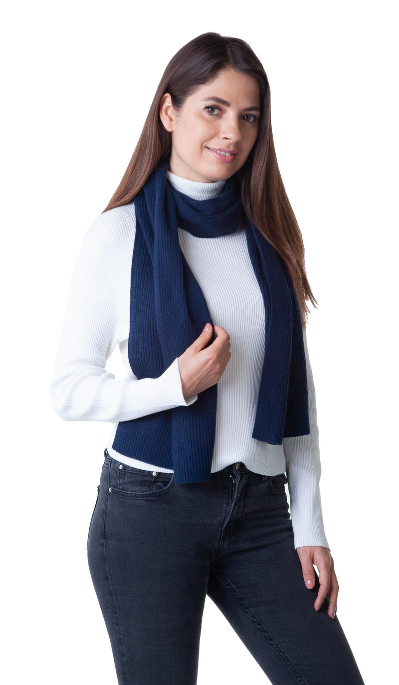 Cashmere Merino Scarf - Rib Knit - Soft Warm, Stylish Winter Scarf for Women & Men - Navy Blue