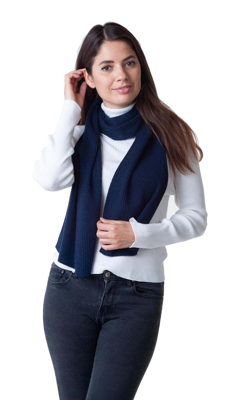 Cashmere Merino Scarf - Rib Knit - Soft Warm, Stylish Winter Scarf for Women & Men - Navy Blue