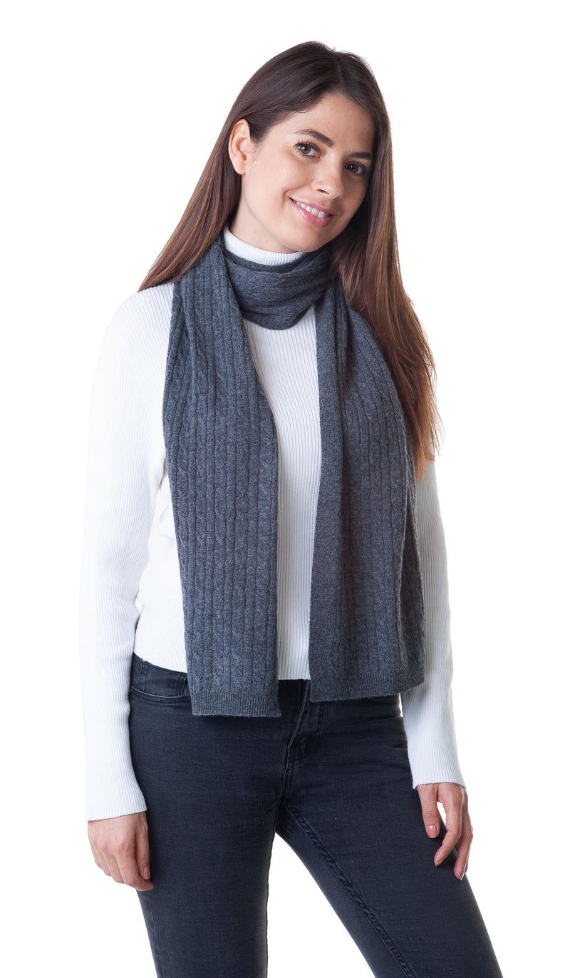 Cashmere Merino Scarf - Cable Knit - Soft Warm Stylish Winter Scarves for Women & Men - Charcoal