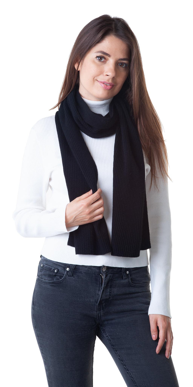 Cashmere Merino Scarf - Ribbed Knit - Soft Warm Stylish Winter scarves for Women & Men - Black