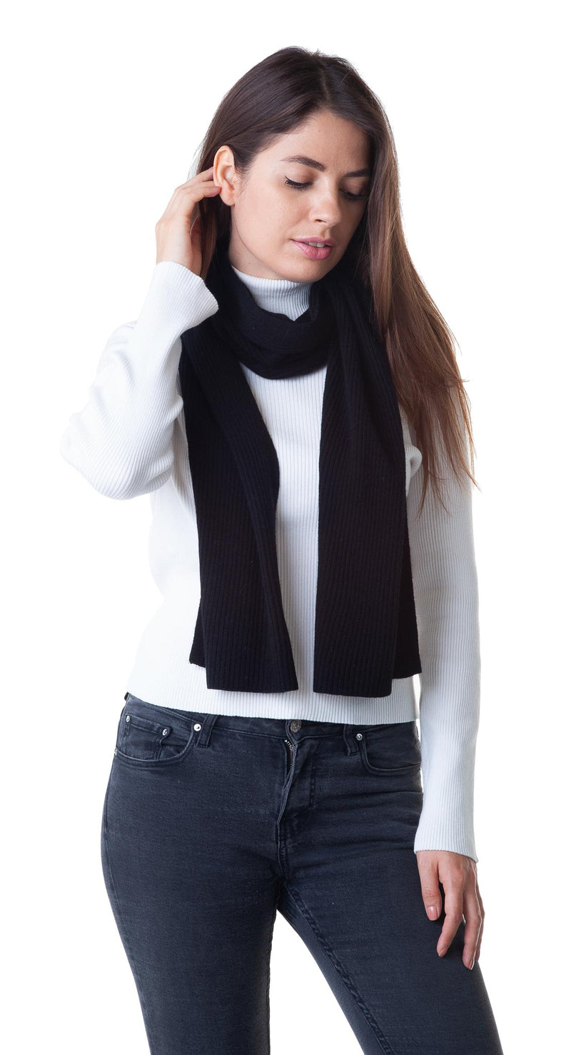 Cashmere Merino Scarf - Ribbed Knit - Soft Warm Stylish Winter scarves for Women & Men - Black