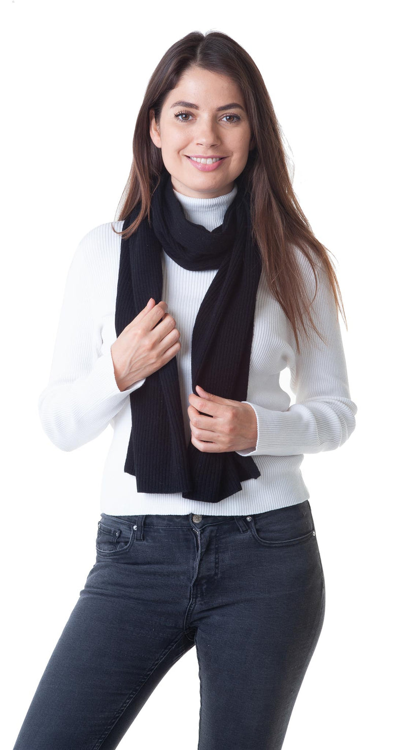 Cashmere Merino Scarf - Ribbed Knit - Soft Warm Stylish Winter scarves for Women & Men - Black