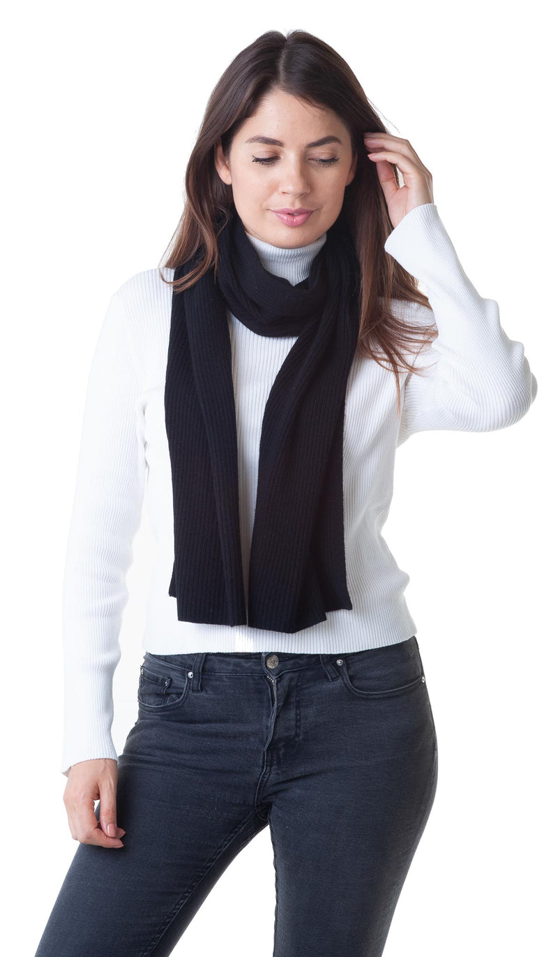 Cashmere Merino Scarf - Ribbed Knit - Soft Warm Stylish Winter scarves for Women & Men - Black