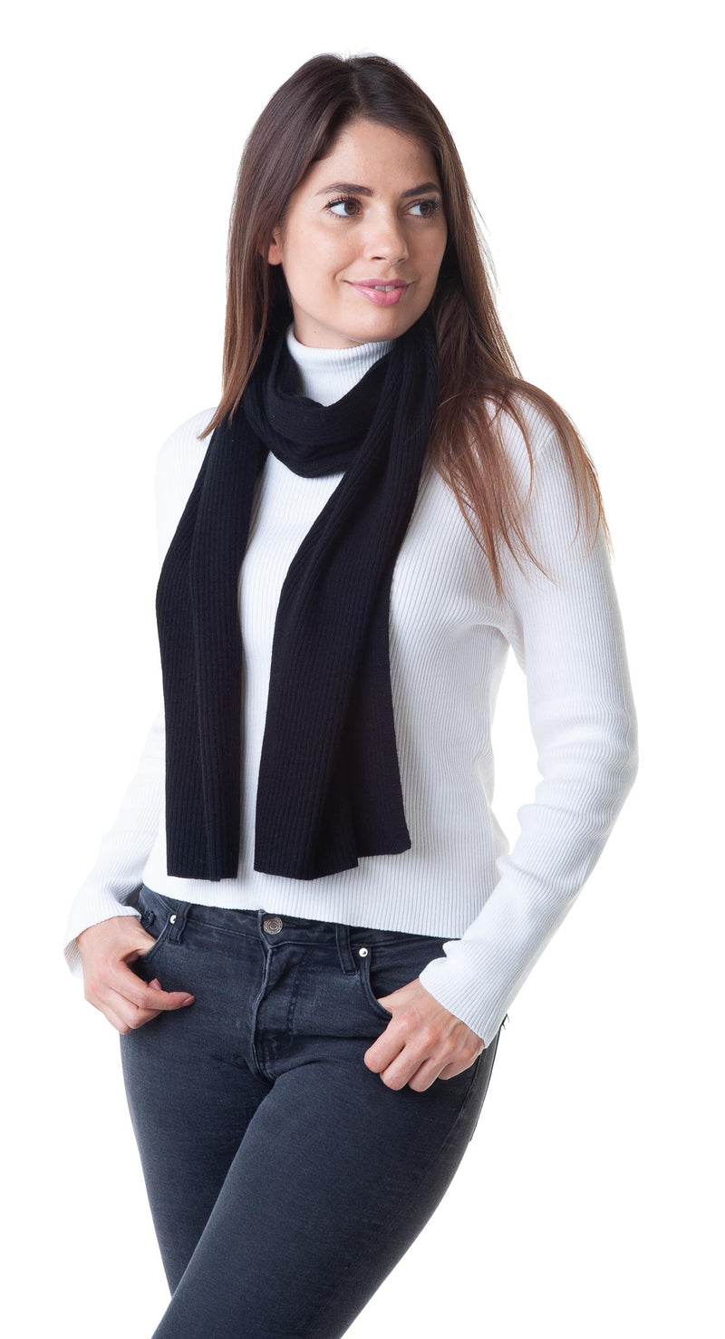 Cashmere Merino Scarf - Ribbed Knit - Soft Warm Stylish Winter scarves for Women & Men - Black