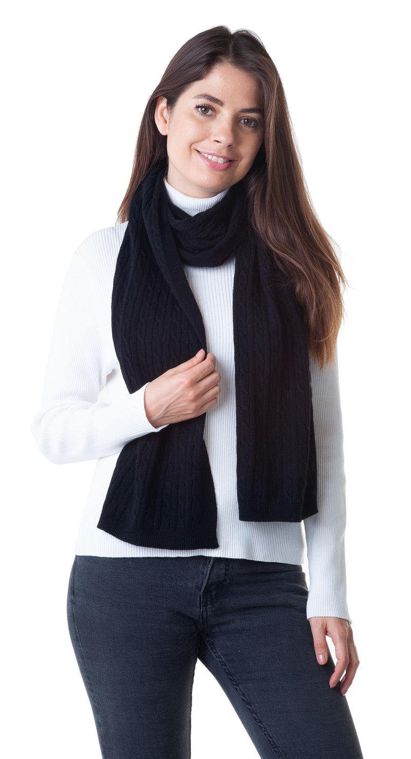 Cashmere Merino Scarf - Cable Knit - Soft Warm Stylish Winter Scarves for Women & Men - Black