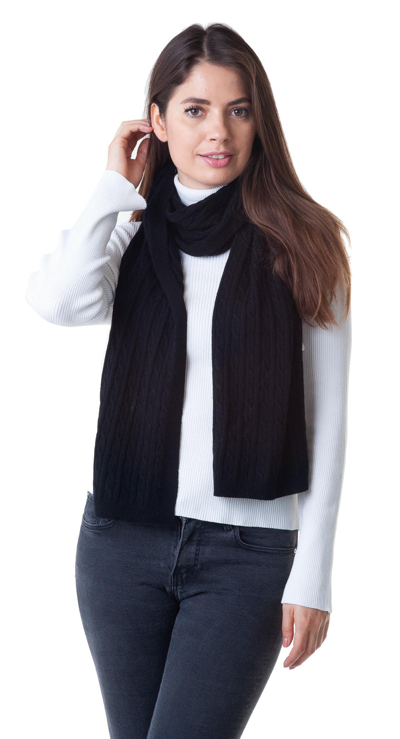 Cashmere Merino Scarf - Cable Knit - Soft Warm Stylish Winter Scarves for Women & Men - Black