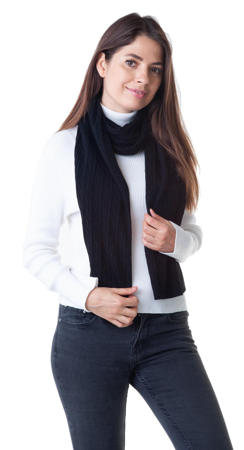 Cashmere Merino Scarf - Cable Knit - Soft Warm Stylish Winter Scarves for Women & Men - Black