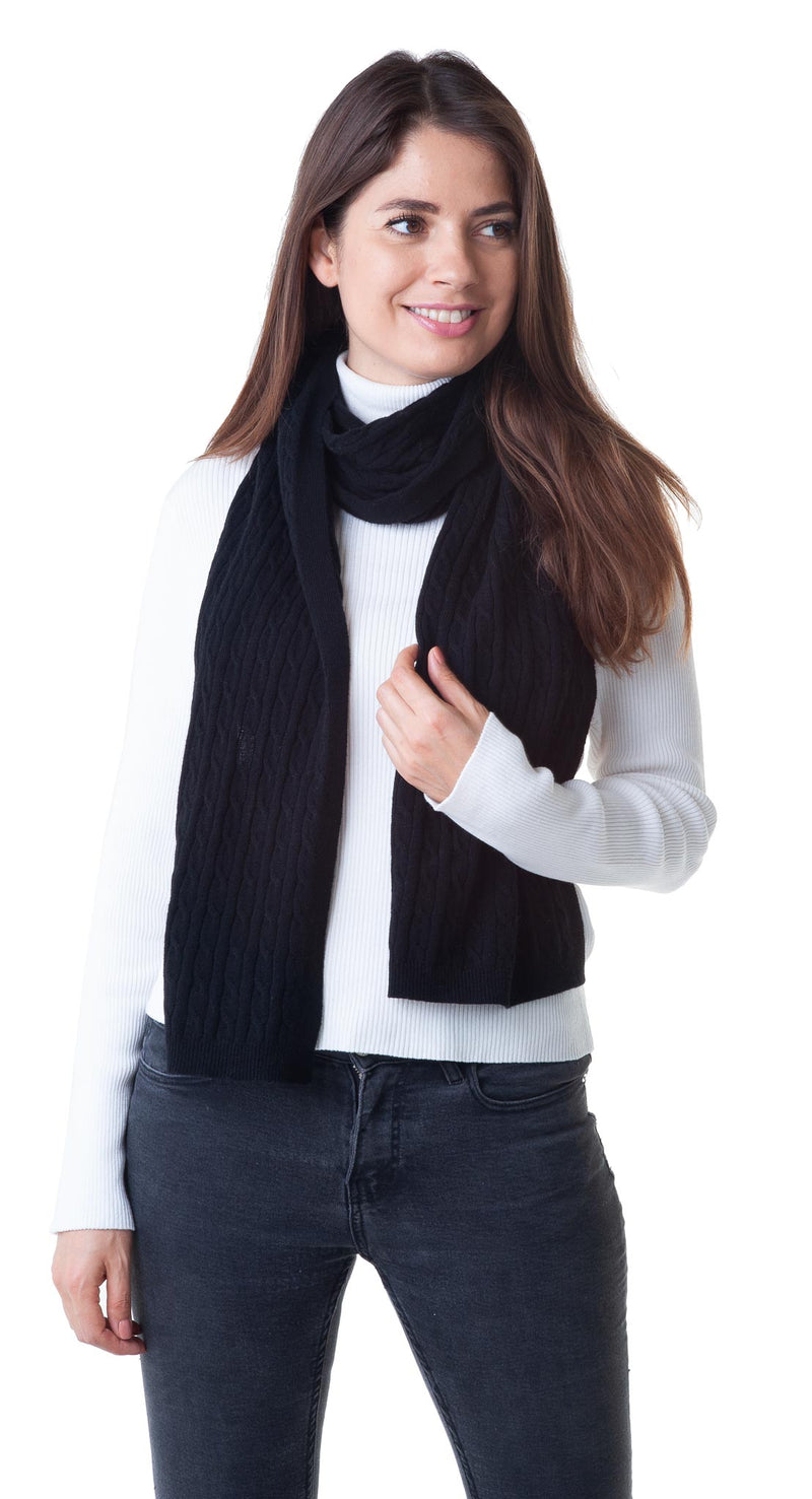 Cashmere Merino Scarf - Cable Knit - Soft Warm Stylish Winter Scarves for Women & Men - Black