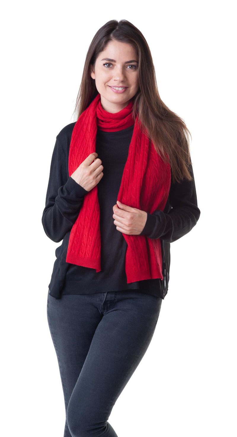 Cashmere Merino Scarf - Cable Knit - Soft Warm Stylish Winter Scarves for Women & Men - Red