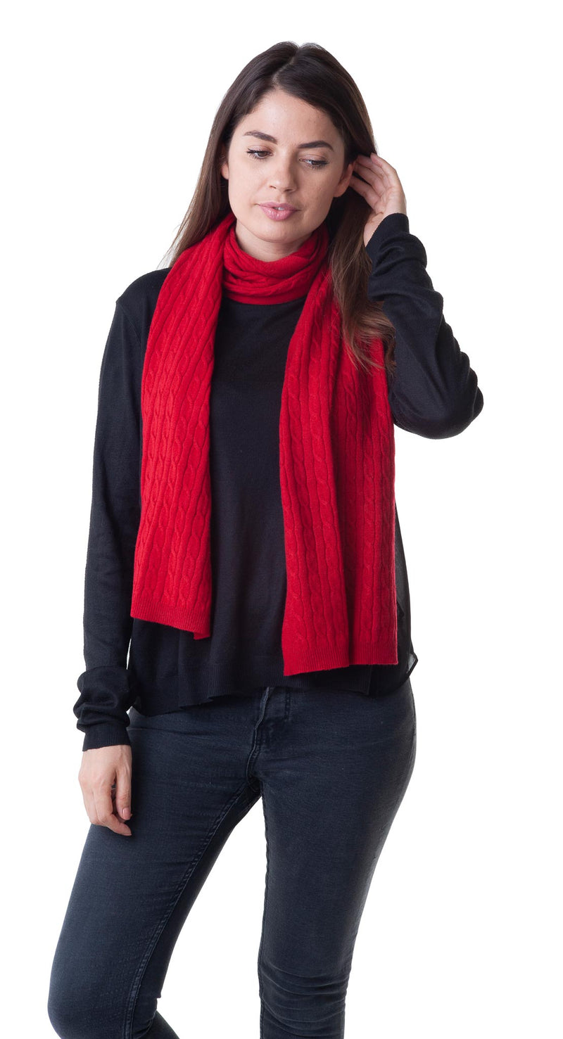 Cashmere Merino Scarf - Cable Knit - Soft Warm Stylish Winter Scarves for Women & Men - Red