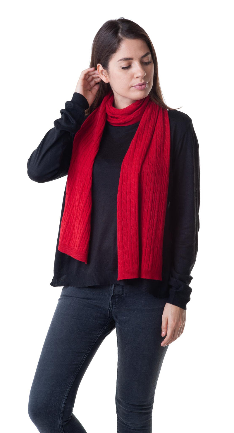 Cashmere Merino Scarf - Cable Knit - Soft Warm Stylish Winter Scarves for Women & Men - Red