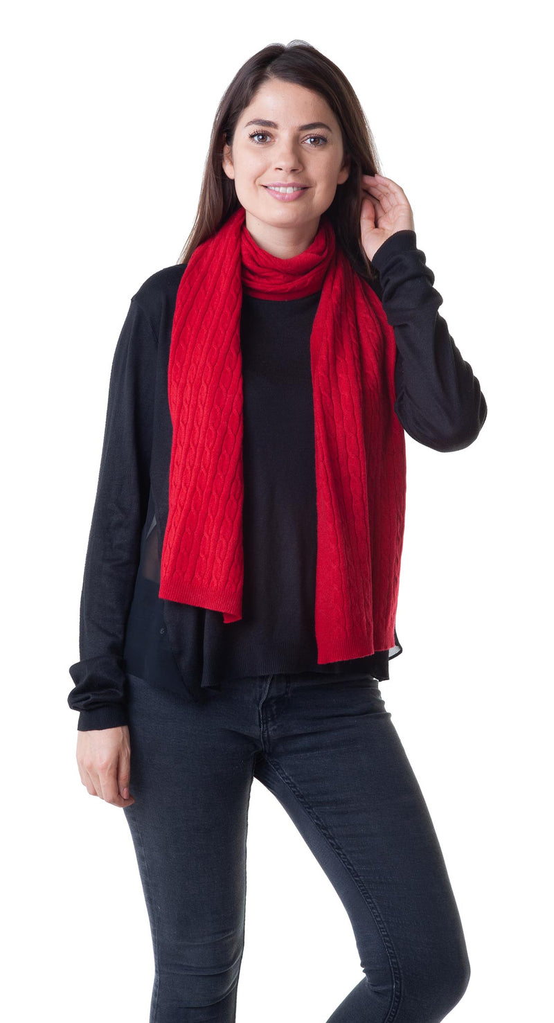 Cashmere Merino Scarf - Cable Knit - Soft Warm Stylish Winter Scarves for Women & Men - Red