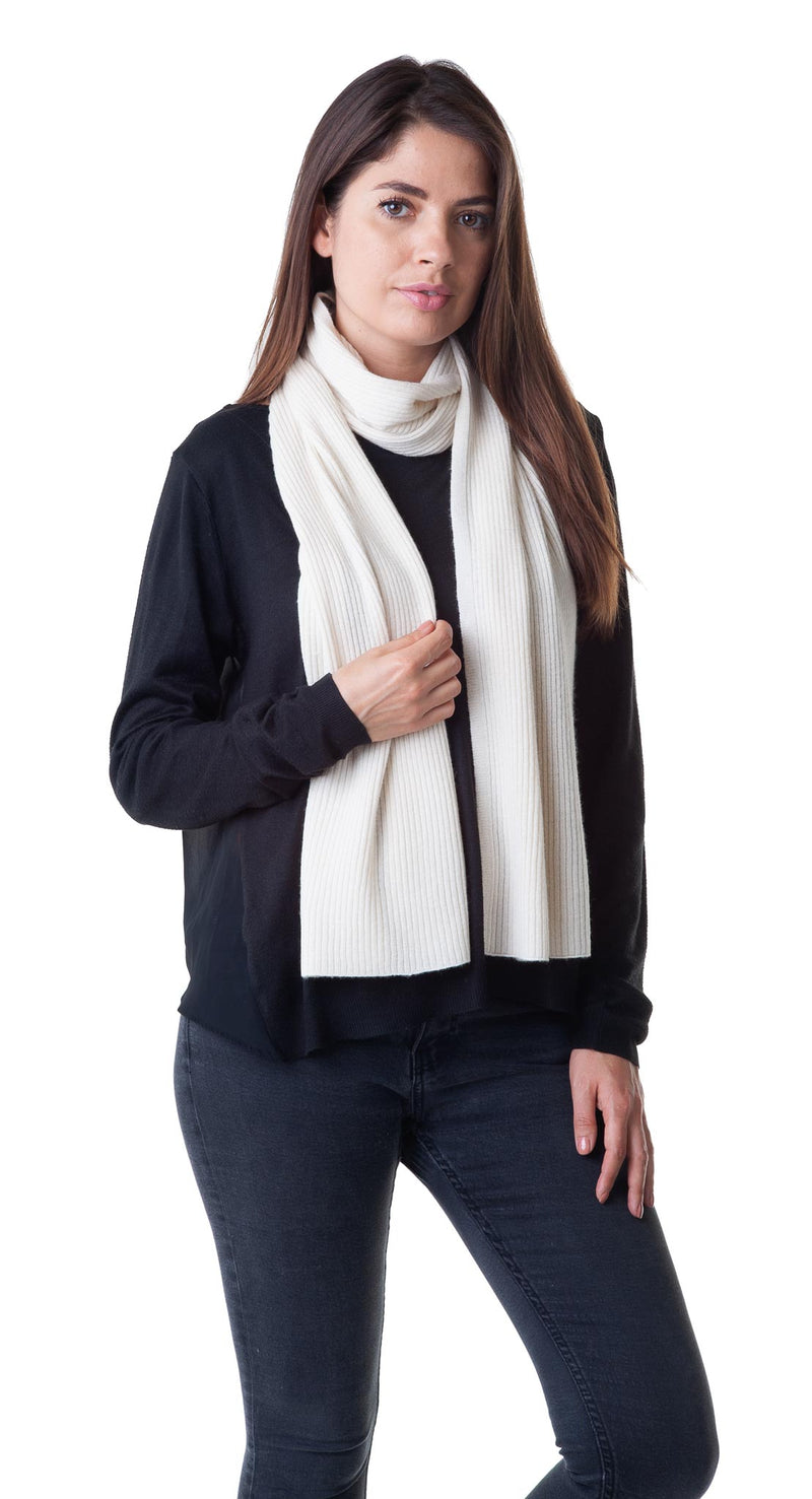 Cashmere Merino Scarf - Rib Knit - Soft Warm Stylish Winter Scarf for Women & Men - Ivory