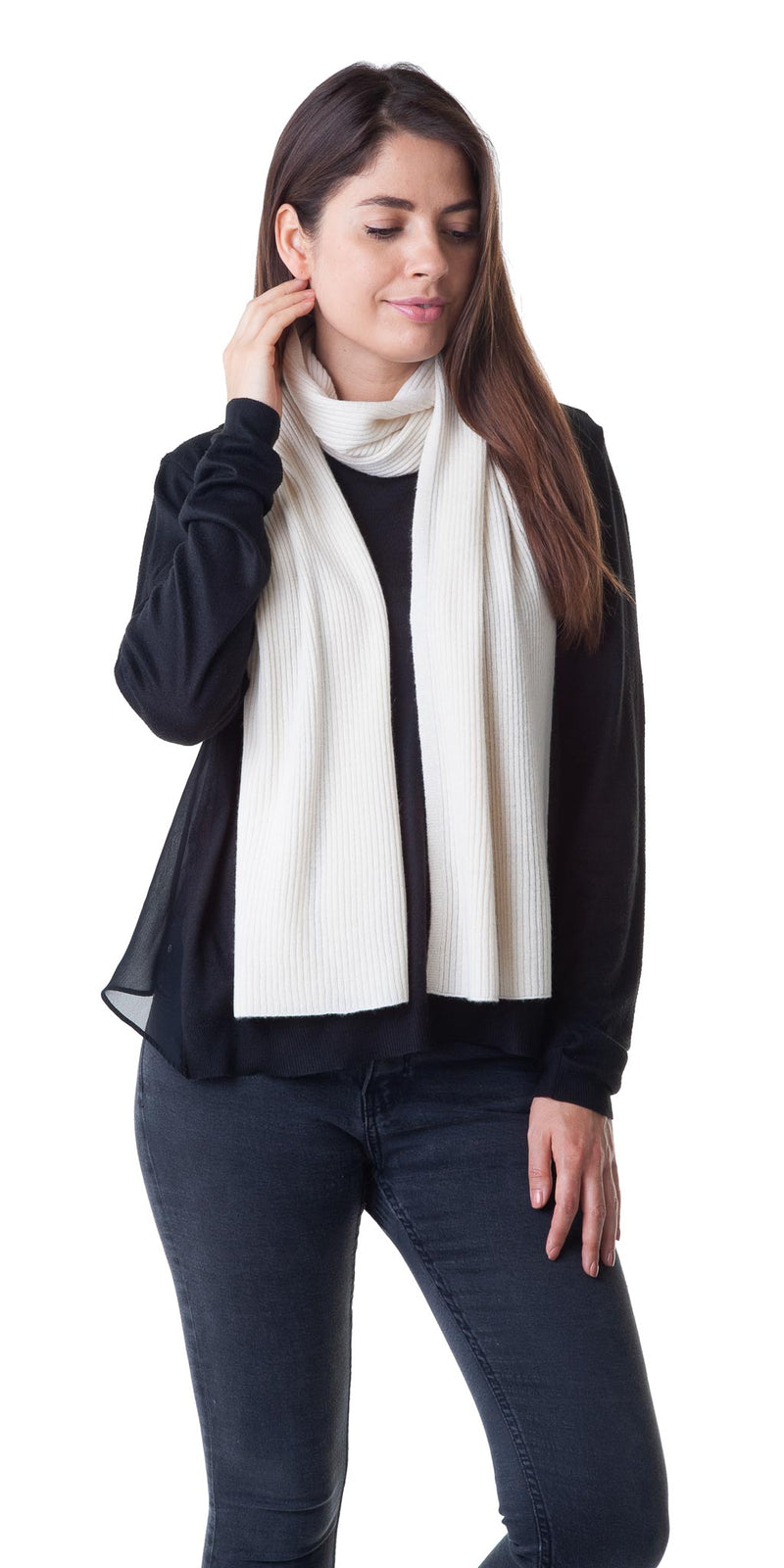 Cashmere Merino Scarf - Rib Knit - Soft Warm Stylish Winter Scarf for Women & Men - Ivory