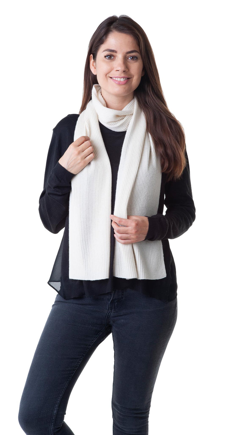 Cashmere Merino Scarf - Rib Knit - Soft Warm Stylish Winter Scarf for Women & Men - Ivory