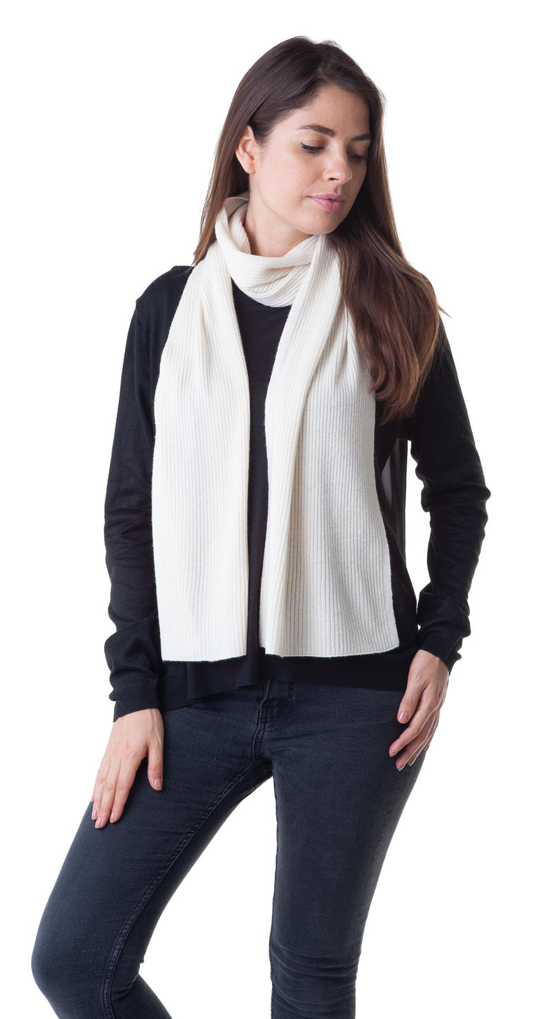 Cashmere Merino Scarf - Rib Knit - Soft Warm Stylish Winter Scarf for Women & Men - Ivory