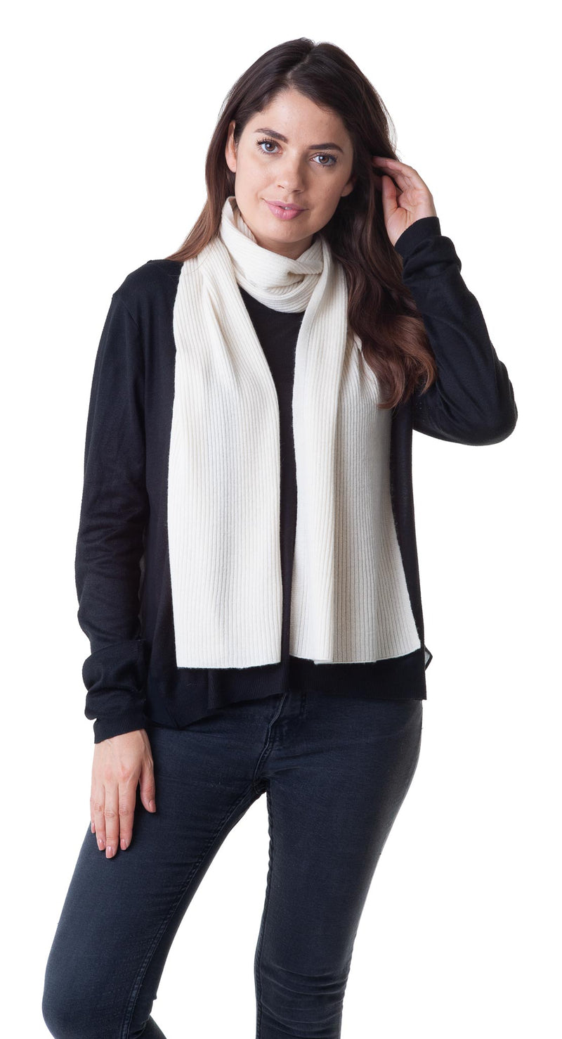 Cashmere Merino Scarf - Rib Knit - Soft Warm Stylish Winter Scarf for Women & Men - Ivory