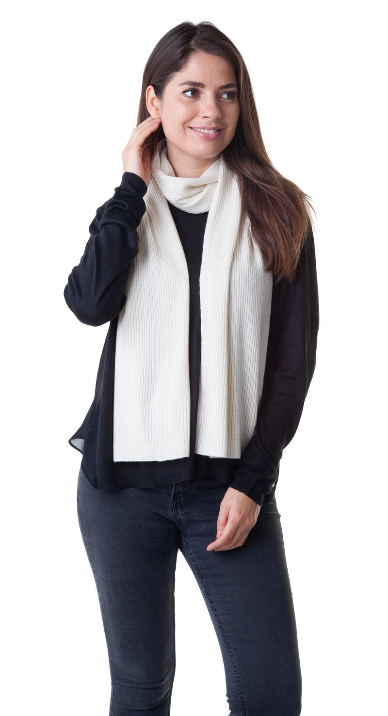 Cashmere Merino Scarf - Rib Knit - Soft Warm Stylish Winter Scarf for Women & Men - Ivory