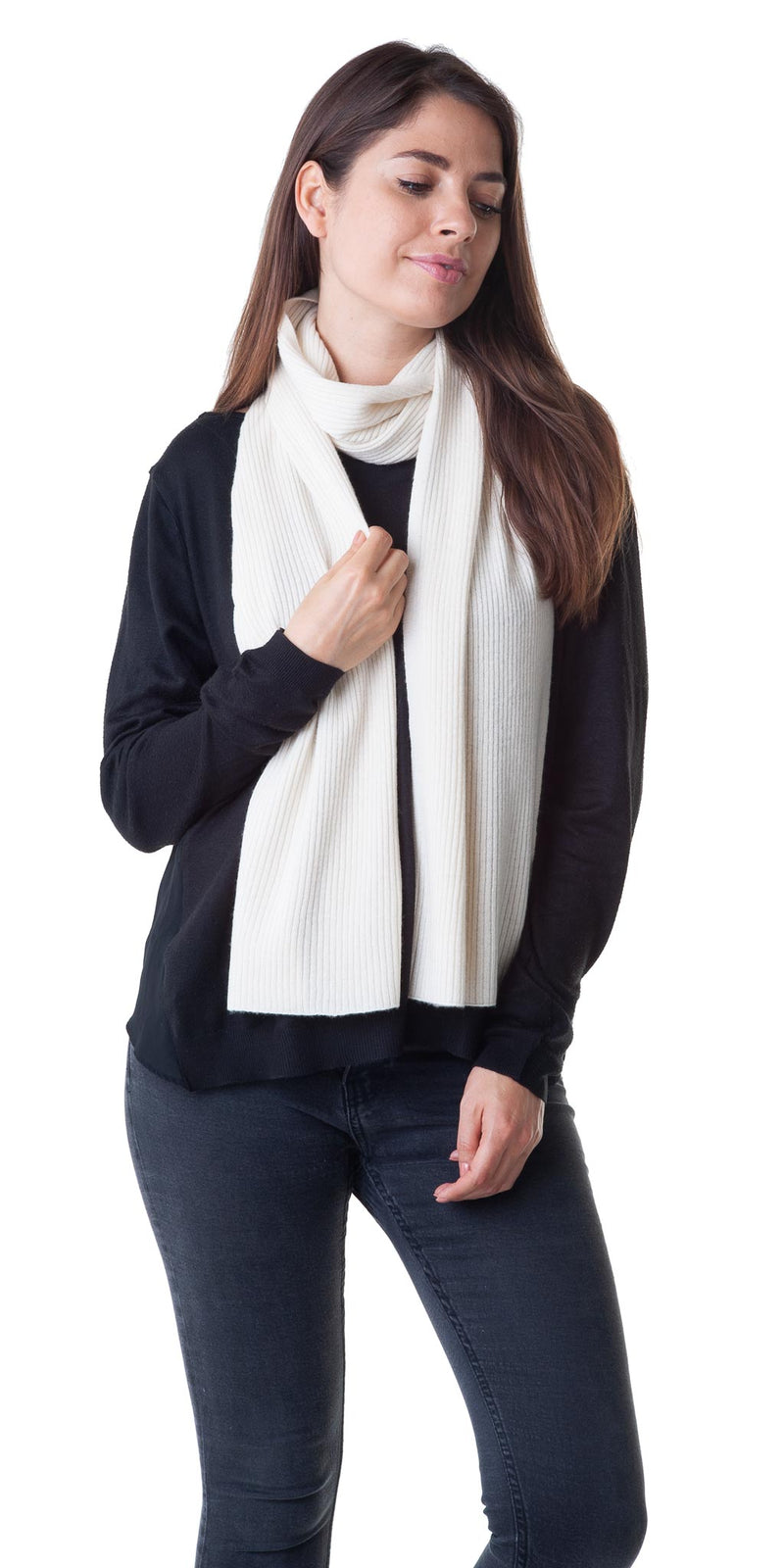 Cashmere Merino Scarf - Rib Knit - Soft Warm Stylish Winter Scarf for Women & Men - Ivory