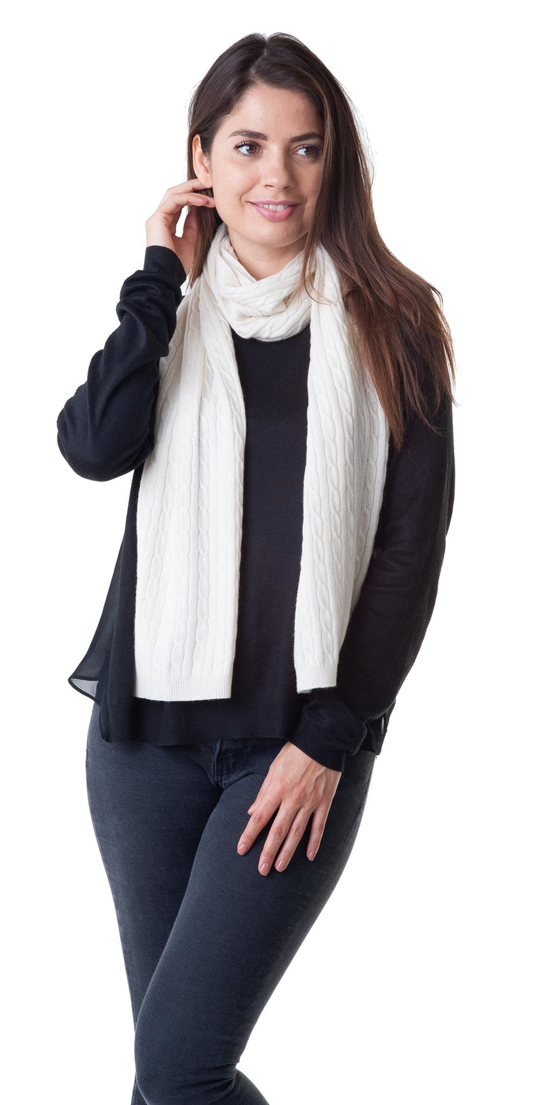 Cashmere Merino Scarf - Cable Knit - Soft Warm Stylish Winter Scarves for Women & Men - Ivory