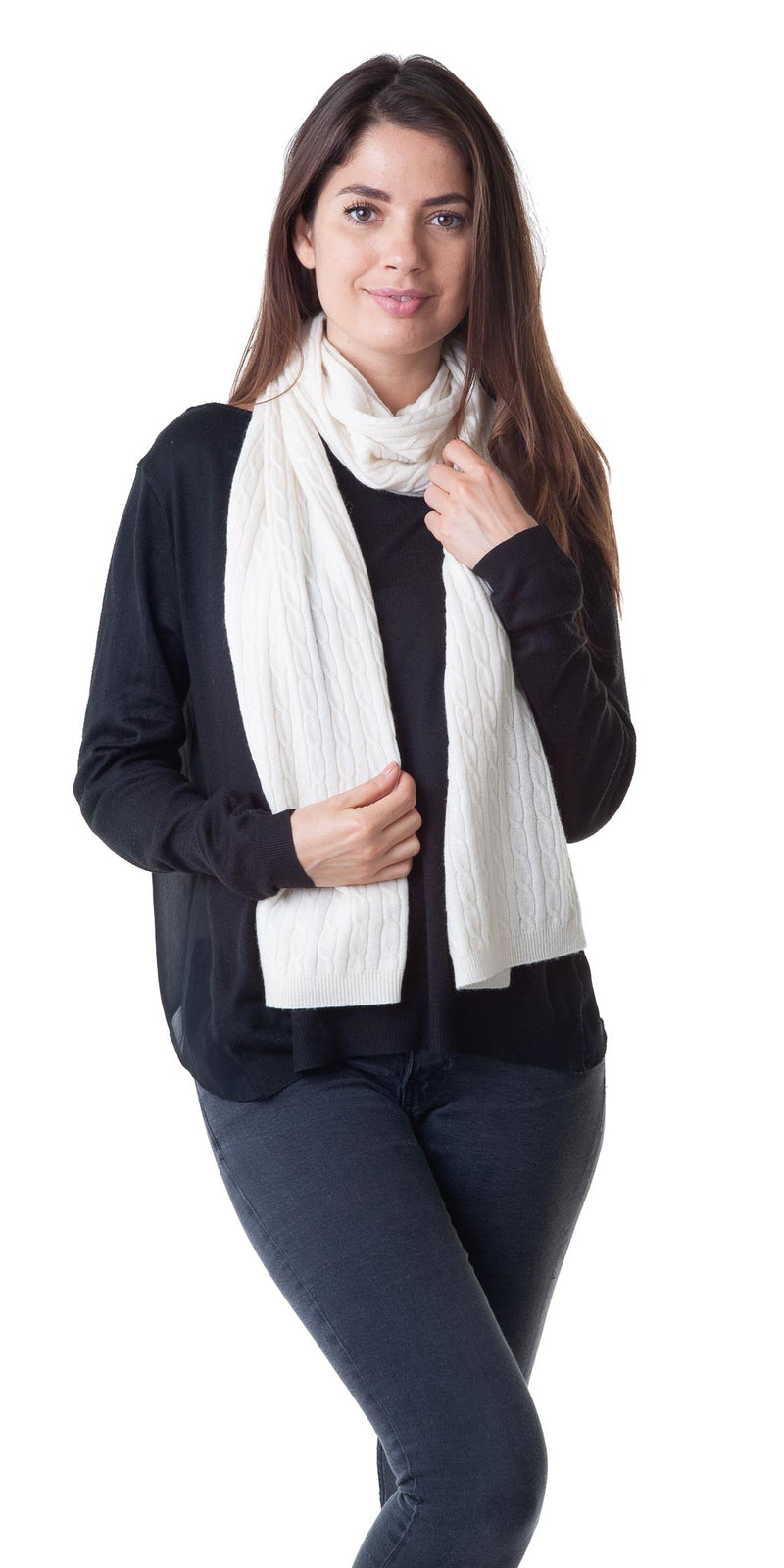 Cashmere Merino Scarf - Cable Knit - Soft Warm Stylish Winter Scarves for Women & Men - Ivory