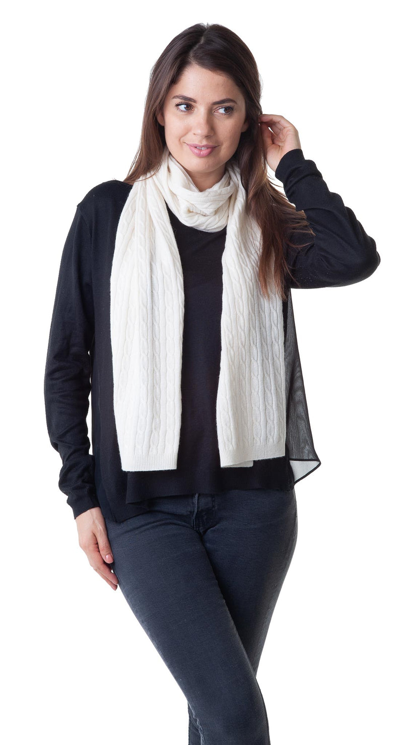 Cashmere Merino Scarf - Cable Knit - Soft Warm Stylish Winter Scarves for Women & Men - Ivory