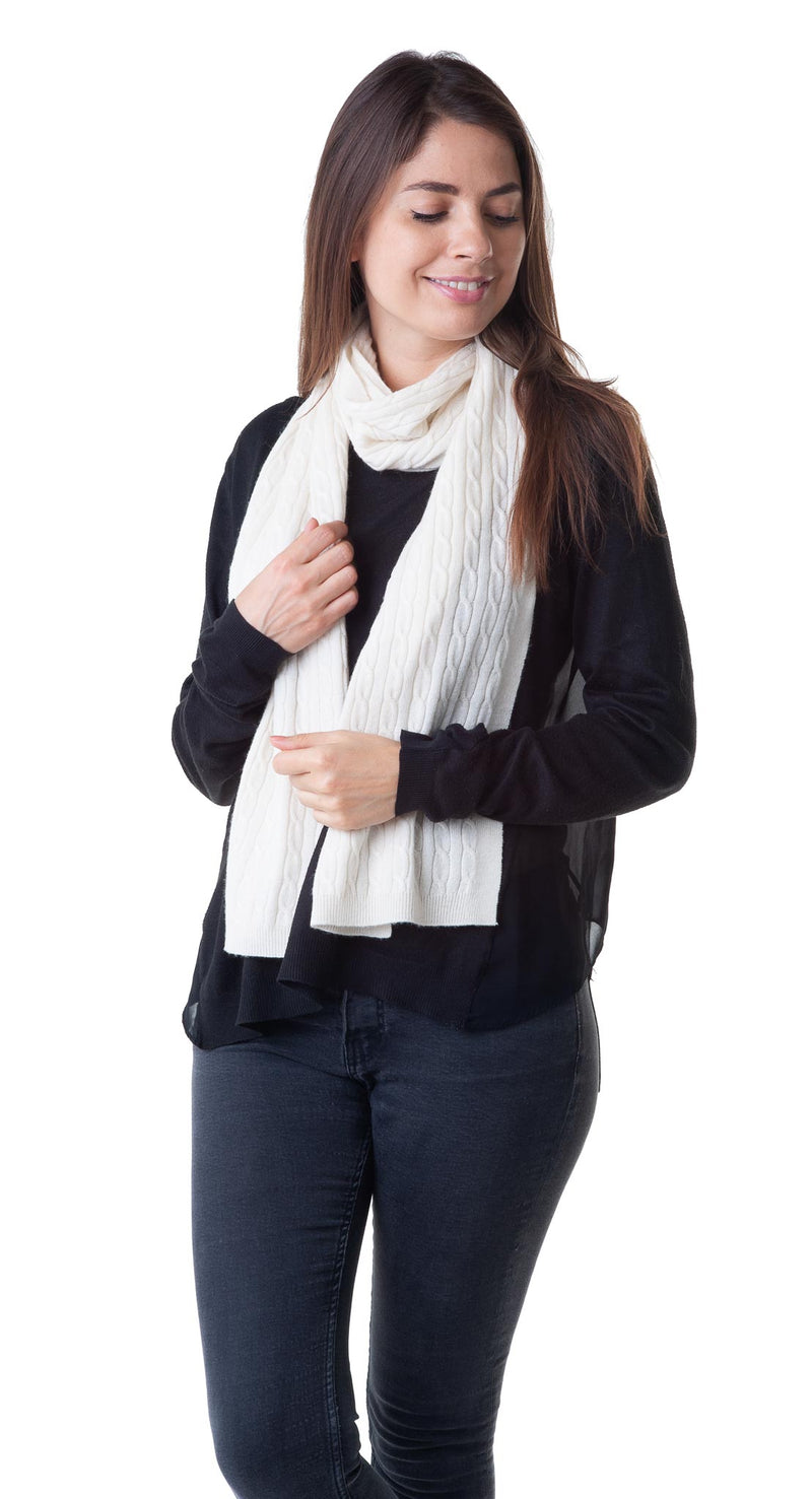 Cashmere Merino Scarf - Cable Knit - Soft Warm Stylish Winter Scarves for Women & Men - Ivory