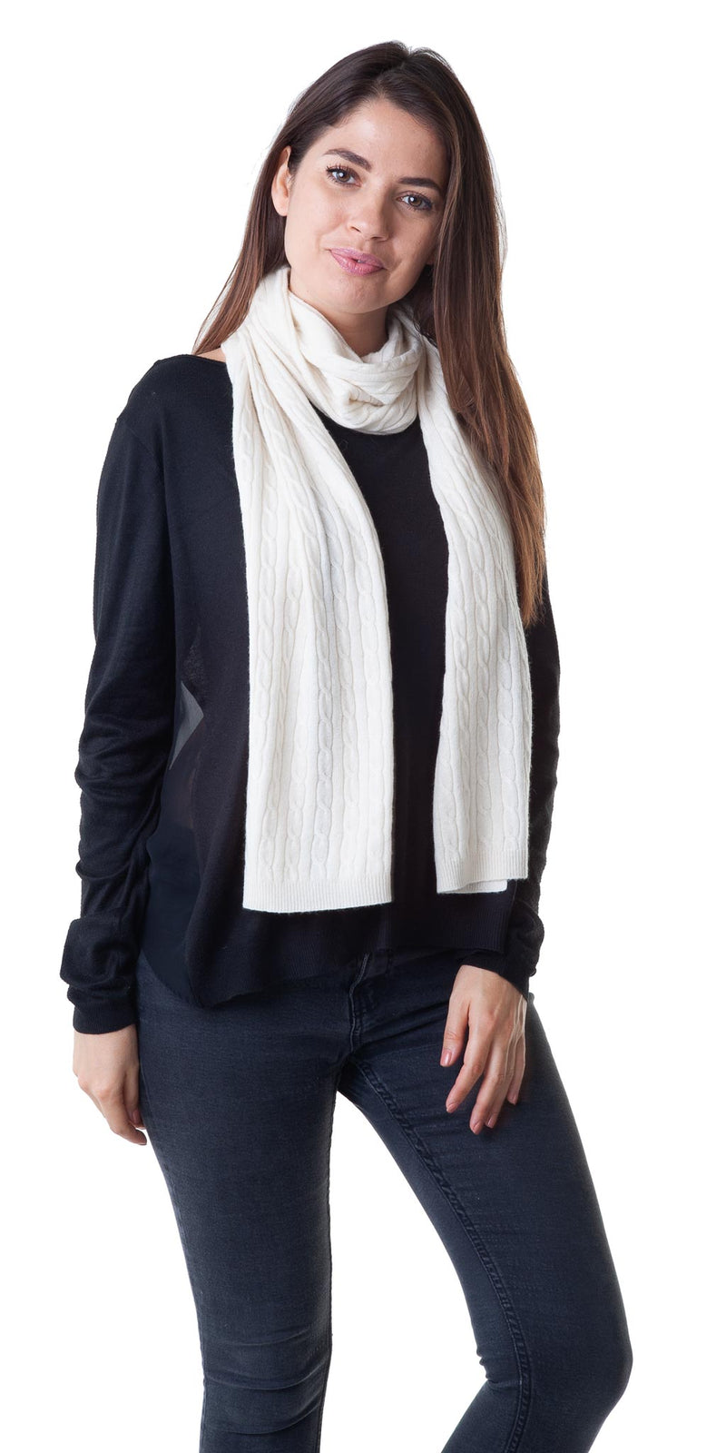 Cashmere Merino Scarf - Cable Knit - Soft Warm Stylish Winter Scarves for Women & Men - Ivory