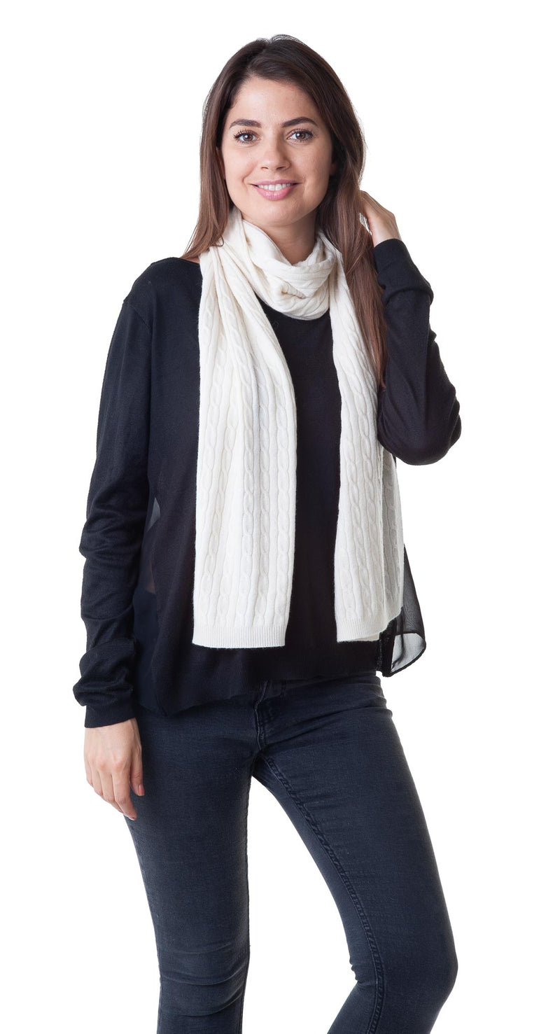 Cashmere Merino Scarf - Cable Knit - Soft Warm Stylish Winter Scarves for Women & Men - Ivory