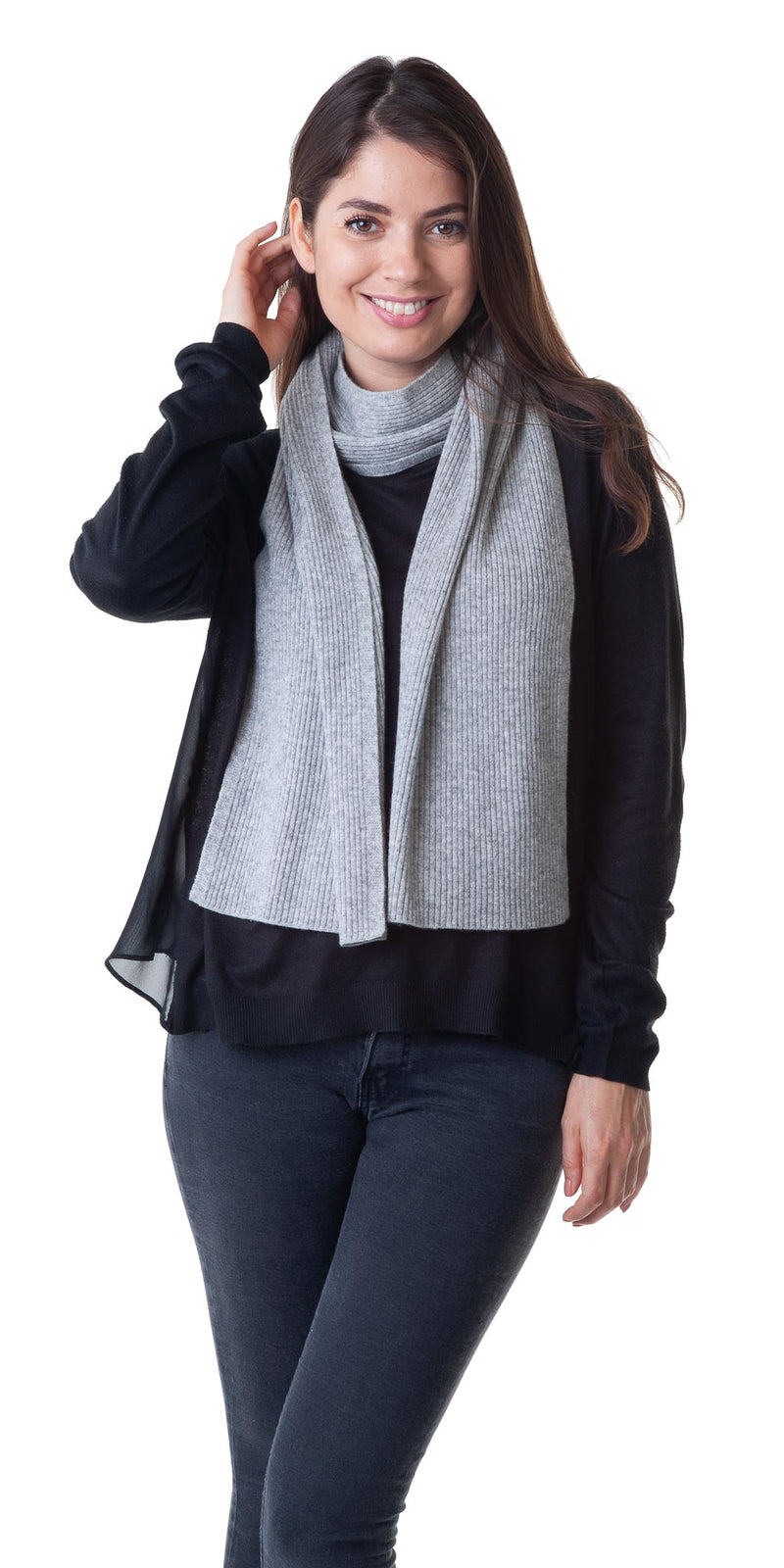 Cashmere Merino Scarf - Rib Knit - Soft Warm Stylish Winter Scarf for Women & Men - Flannel Grey