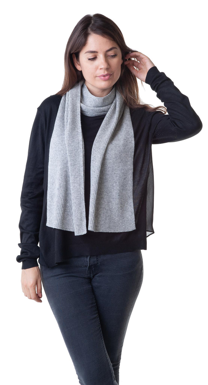 Cashmere Merino Scarf - Rib Knit - Soft Warm Stylish Winter Scarf for Women & Men - Flannel Grey