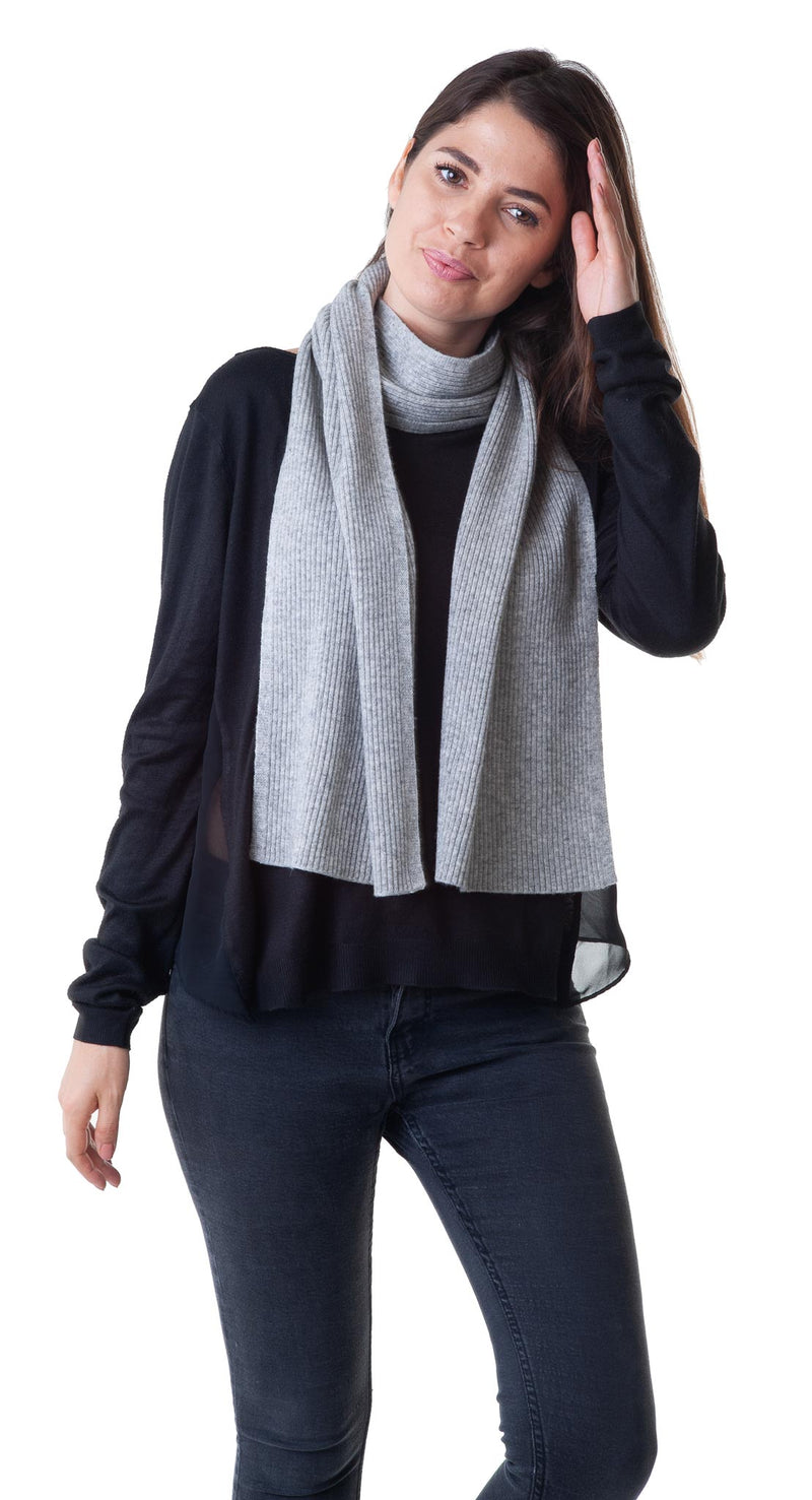 Cashmere Merino Scarf - Rib Knit - Soft Warm Stylish Winter Scarf for Women & Men - Flannel Grey